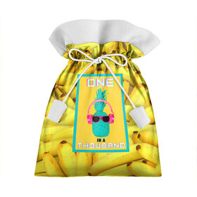 Подарочный 3D мешок с принтом Ананас и бананы в Новосибирске, 100% полиэстер | Размер: 29*39 см | 3d | ананас | бананы | бирюзовый | единственный | желтый | надпись | наушники | один | один на тысячу | одна на тысячу | очки | полная запечатка | розовый | самовыражение