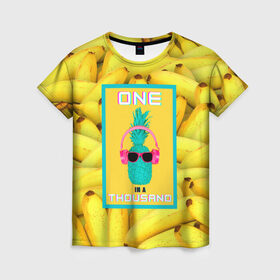 Женская футболка 3D с принтом Ананас и бананы в Новосибирске, 100% полиэфир ( синтетическое хлопкоподобное полотно) | прямой крой, круглый вырез горловины, длина до линии бедер | 3d | ананас | бананы | бирюзовый | единственный | желтый | надпись | наушники | один | один на тысячу | одна на тысячу | очки | полная запечатка | розовый | самовыражение