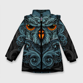 Зимняя куртка для девочек 3D с принтом Ornament Owl в Новосибирске, ткань верха — 100% полиэстер; подклад — 100% полиэстер, утеплитель — 100% полиэстер. | длина ниже бедра, удлиненная спинка, воротник стойка и отстегивающийся капюшон. Есть боковые карманы с листочкой на кнопках, утяжки по низу изделия и внутренний карман на молнии. 

Предусмотрены светоотражающий принт на спинке, радужный светоотражающий элемент на пуллере молнии и на резинке для утяжки. | арт | глаза | животные | обложка | орнамент | перья | птица | рисунок | рок | сова | татуировки