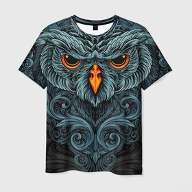 Мужская футболка 3D с принтом Ornament Owl в Новосибирске, 100% полиэфир | прямой крой, круглый вырез горловины, длина до линии бедер | Тематика изображения на принте: арт | глаза | животные | обложка | орнамент | перья | птица | рисунок | рок | сова | татуировки