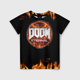 Детская футболка 3D с принтом DOOM Eternal в Новосибирске, 100% гипоаллергенный полиэфир | прямой крой, круглый вырез горловины, длина до линии бедер, чуть спущенное плечо, ткань немного тянется | Тематика изображения на принте: doom eternal | дум | игра | компьютерная | логотип | надпись | огненный | огонь | подарок | пожар | символ | фанату | черный