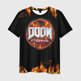 Мужская футболка 3D с принтом DOOM Eternal в Новосибирске, 100% полиэфир | прямой крой, круглый вырез горловины, длина до линии бедер | doom eternal | дум | игра | компьютерная | логотип | надпись | огненный | огонь | подарок | пожар | символ | фанату | черный