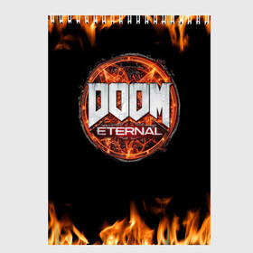 Скетчбук с принтом DOOM Eternal в Новосибирске, 100% бумага
 | 48 листов, плотность листов — 100 г/м2, плотность картонной обложки — 250 г/м2. Листы скреплены сверху удобной пружинной спиралью | Тематика изображения на принте: doom eternal | дум | игра | компьютерная | логотип | надпись | огненный | огонь | подарок | пожар | символ | фанату | черный