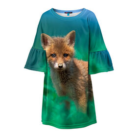 Детское платье 3D с принтом маленький лисенок в Новосибирске, 100% полиэстер | прямой силуэт, чуть расширенный к низу. Круглая горловина, на рукавах — воланы | fox | foxy | животное | звери | лиса | лисенок | лисичка | милая | рыжая | фокс