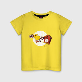 Детская футболка хлопок с принтом Кукушка с биноклем в Новосибирске, 100% хлопок | круглый вырез горловины, полуприлегающий силуэт, длина до линии бедер | beholder | binoculars | bird | birdy | canary | caretaker | cuckoo | funny | humor | time | warden | yellow | бинокль | время | желтая | канарейка | наблюдатель | охрана | попугай | прикол | птичка | сuckoo clock | часики | часы | часы с куку