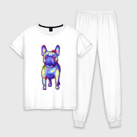 Женская пижама хлопок с принтом Французский бульдог акварель в Новосибирске, 100% хлопок | брюки и футболка прямого кроя, без карманов, на брюках мягкая резинка на поясе и по низу штанин | Тематика изображения на принте: art | bulldog | colorful | dog | france | french | illustration | watercolor | акварельный | акварелью | арт | брызги | бульдожик | бульдожка | иллюстрация | краски | пес | песик | порода | разводы | разноцветный | рисунок | собака