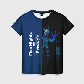 Женская футболка 3D с принтом Five Nights At Freddy в Новосибирске, 100% полиэфир ( синтетическое хлопкоподобное полотно) | прямой крой, круглый вырез горловины, длина до линии бедер | 5 ночей с фредди | five nights at freddys | fnaf | игра | игрок | книга | логотип | пиццерия | подарок | половина | синий | страшилка | фнаф | фредди