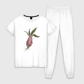 Женская пижама хлопок с принтом Мандрагора в Новосибирске, 100% хлопок | брюки и футболка прямого кроя, без карманов, на брюках мягкая резинка на поясе и по низу штанин | корни | листочки | растение | фэнтези