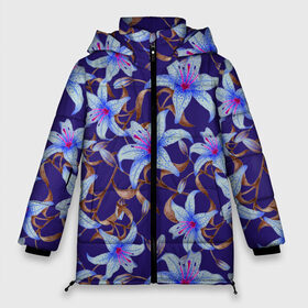 Женская зимняя куртка 3D с принтом Лилии на темно синем фоне в Новосибирске, верх — 100% полиэстер; подкладка — 100% полиэстер; утеплитель — 100% полиэстер | длина ниже бедра, силуэт Оверсайз. Есть воротник-стойка, отстегивающийся капюшон и ветрозащитная планка. 

Боковые карманы с листочкой на кнопках и внутренний карман на молнии | 8 марта | flowers | summer | ботаническая иллюстрация | весна | коричневый | лето | лилии | праздник | природа | растения | синий | цветы