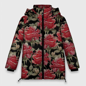 Женская зимняя куртка 3D с принтом Красные розы на черном фоне в Новосибирске, верх — 100% полиэстер; подкладка — 100% полиэстер; утеплитель — 100% полиэстер | длина ниже бедра, силуэт Оверсайз. Есть воротник-стойка, отстегивающийся капюшон и ветрозащитная планка. 

Боковые карманы с листочкой на кнопках и внутренний карман на молнии | 8 марта | flowers | summer | ботаническая иллюстрация | весна | зеленый | красный | лето | любовь | праздник | принт | природа | растения | розы | цветы | черный