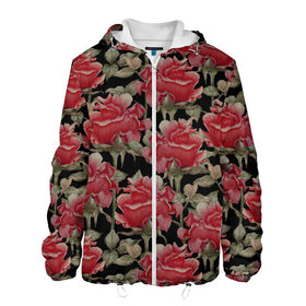 Мужская куртка 3D с принтом Красные розы на черном фоне в Новосибирске, ткань верха — 100% полиэстер, подклад — флис | прямой крой, подол и капюшон оформлены резинкой с фиксаторами, два кармана без застежек по бокам, один большой потайной карман на груди. Карман на груди застегивается на липучку | 8 марта | flowers | summer | ботаническая иллюстрация | весна | зеленый | красный | лето | любовь | праздник | принт | природа | растения | розы | цветы | черный
