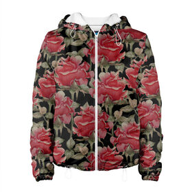 Женская куртка 3D с принтом Красные розы на черном фоне в Новосибирске, ткань верха — 100% полиэстер, подклад — флис | прямой крой, подол и капюшон оформлены резинкой с фиксаторами, два кармана без застежек по бокам, один большой потайной карман на груди. Карман на груди застегивается на липучку | 8 марта | flowers | summer | ботаническая иллюстрация | весна | зеленый | красный | лето | любовь | праздник | принт | природа | растения | розы | цветы | черный