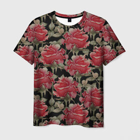 Мужская футболка 3D с принтом Красные розы на черном фоне в Новосибирске, 100% полиэфир | прямой крой, круглый вырез горловины, длина до линии бедер | 8 марта | flowers | summer | ботаническая иллюстрация | весна | зеленый | красный | лето | любовь | праздник | принт | природа | растения | розы | цветы | черный