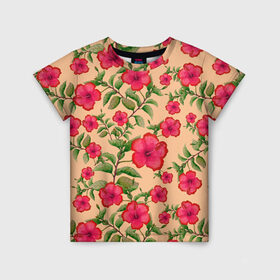 Детская футболка 3D с принтом Гибискусы на бежевом фоне в Новосибирске, 100% гипоаллергенный полиэфир | прямой крой, круглый вырез горловины, длина до линии бедер, чуть спущенное плечо, ткань немного тянется | 8 марта | flowers | summer | бежевый | ботаническая иллюстрация | весна | гибискус | зеленый | красный | лето | любовь | праздник | принт | природа | растения | цветы
