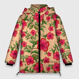 Женская зимняя куртка 3D с принтом Гибискусы на бежевом фоне в Новосибирске, верх — 100% полиэстер; подкладка — 100% полиэстер; утеплитель — 100% полиэстер | длина ниже бедра, силуэт Оверсайз. Есть воротник-стойка, отстегивающийся капюшон и ветрозащитная планка. 

Боковые карманы с листочкой на кнопках и внутренний карман на молнии | 8 марта | flowers | summer | бежевый | ботаническая иллюстрация | весна | гибискус | зеленый | красный | лето | любовь | праздник | принт | природа | растения | цветы