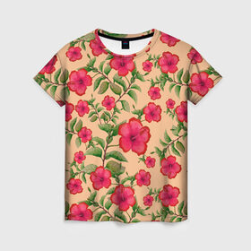 Женская футболка 3D с принтом Гибискусы на бежевом фоне в Новосибирске, 100% полиэфир ( синтетическое хлопкоподобное полотно) | прямой крой, круглый вырез горловины, длина до линии бедер | Тематика изображения на принте: 8 марта | flowers | summer | бежевый | ботаническая иллюстрация | весна | гибискус | зеленый | красный | лето | любовь | праздник | принт | природа | растения | цветы