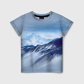 Детская футболка 3D с принтом Серо-голубые горы в Новосибирске, 100% гипоаллергенный полиэфир | прямой крой, круглый вырез горловины, длина до линии бедер, чуть спущенное плечо, ткань немного тянется | арт | горы | живопись | кистью | краски | пейзаж | рисунок | серый