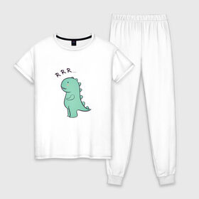 Женская пижама хлопок с принтом T-rex в Новосибирске, 100% хлопок | брюки и футболка прямого кроя, без карманов, на брюках мягкая резинка на поясе и по низу штанин | cute | kawai | динозавр | миленький