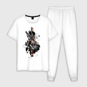 Мужская пижама хлопок с принтом Assassins Creed Valhalla Тату в Новосибирске, 100% хлопок | брюки и футболка прямого кроя, без карманов, на брюках мягкая резинка на поясе и по низу штанин
 | викинги | графика | драккар | корабль | орел | руны | тату | черный