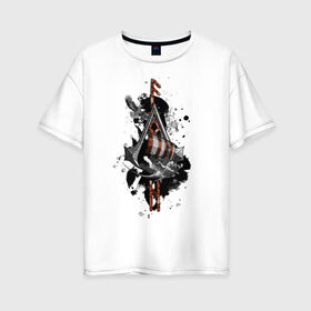 Женская футболка хлопок Oversize с принтом Assassins Creed Valhalla Тату в Новосибирске, 100% хлопок | свободный крой, круглый ворот, спущенный рукав, длина до линии бедер
 | викинги | графика | драккар | корабль | орел | руны | тату | черный