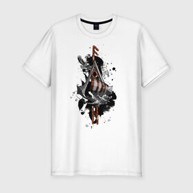 Мужская футболка хлопок Slim с принтом Assassins Creed Valhalla Тату в Новосибирске, 92% хлопок, 8% лайкра | приталенный силуэт, круглый вырез ворота, длина до линии бедра, короткий рукав | викинги | графика | драккар | корабль | орел | руны | тату | черный