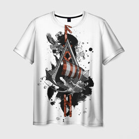 Мужская футболка 3D с принтом Assassins Creed Valhalla Тату в Новосибирске, 100% полиэфир | прямой крой, круглый вырез горловины, длина до линии бедер | Тематика изображения на принте: ассасинс крид | викинги | графика | драккар | корабль | орел | руны | тату
