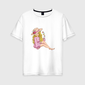 Женская футболка хлопок Oversize с принтом Варвара в Новосибирске, 100% хлопок | свободный крой, круглый ворот, спущенный рукав, длина до линии бедер
 | в шляпке | девушка | еда | кокетка | коктейль