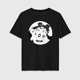 Женская футболка хлопок Oversize с принтом Dark moon в Новосибирске, 100% хлопок | свободный крой, круглый ворот, спущенный рукав, длина до линии бедер
 | sailor moon | аниме | девушка | демон | клыки | луна | сейлор мун | суккуб | черно белый