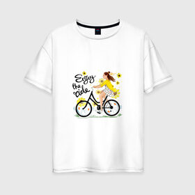 Женская футболка хлопок Oversize с принтом Велосипедистка в Новосибирске, 100% хлопок | свободный крой, круглый ворот, спущенный рукав, длина до линии бедер
 | велосипед | девушка | желтый | лето | подсолнухи | спорт