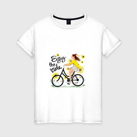 Женская футболка хлопок с принтом Велосипедистка в Новосибирске, 100% хлопок | прямой крой, круглый вырез горловины, длина до линии бедер, слегка спущенное плечо | велосипед | девушка | желтый | лето | подсолнухи | спорт