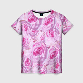 Женская футболка 3D с принтом Roses в Новосибирске, 100% полиэфир ( синтетическое хлопкоподобное полотно) | прямой крой, круглый вырез горловины, длина до линии бедер | дизайн с розами | женственность | нежность | роза | розовый принт | розовый фон | розы | цветы