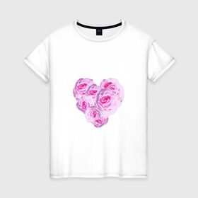 Женская футболка хлопок с принтом The Heart в Новосибирске, 100% хлопок | прямой крой, круглый вырез горловины, длина до линии бедер, слегка спущенное плечо | нежность | роза | розовое сердце | розовый принт | розы | романтика | сердечко | сердце