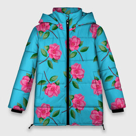 Женская зимняя куртка 3D с принтом Камелии на голубом фоне в Новосибирске, верх — 100% полиэстер; подкладка — 100% полиэстер; утеплитель — 100% полиэстер | длина ниже бедра, силуэт Оверсайз. Есть воротник-стойка, отстегивающийся капюшон и ветрозащитная планка. 

Боковые карманы с листочкой на кнопках и внутренний карман на молнии | 8 марта | flowers | summer | ботаническая иллюстрация | весна | зеленый | камелии | лето | любовь | праздник | принт | природа | растения | розовый | цветы
