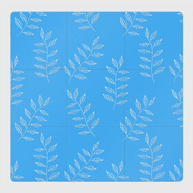 Магнитный плакат 3Х3 с принтом Белые листья на голубом фоне в Новосибирске, Полимерный материал с магнитным слоем | 9 деталей размером 9*9 см | Тематика изображения на принте: 8 марта | summer | белый | ботаническая иллюстрация | весна | веточки | лето | листья | любовь | праздник | принт | природа | растения