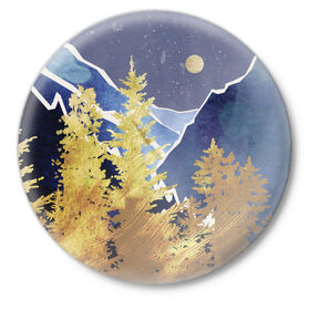 Значок с принтом Золотой лес в Новосибирске,  металл | круглая форма, металлическая застежка в виде булавки | горы | елки | золотой | лес | луна | природа | путешественникам | путешествие