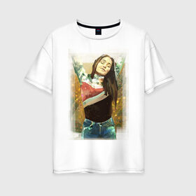 Женская футболка хлопок Oversize с принтом Сигрид в Новосибирске, 100% хлопок | свободный крой, круглый ворот, спущенный рукав, длина до линии бедер
 | bliss | sigrid | девушка | певица | потягивание | радость | сигрид