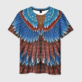 Мужская футболка 3D с принтом оперение сойка в Новосибирске, 100% полиэфир | прямой крой, круглый вырез горловины, длина до линии бедер | feathers | plumage | друид | индеец | коричневый | оперение | орёл | пернатый | перо | перья | природа | птица | синий | сойка | сон