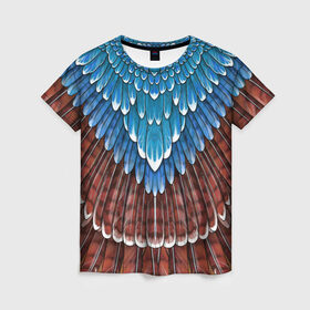 Женская футболка 3D с принтом оперение сойка (2) в Новосибирске, 100% полиэфир ( синтетическое хлопкоподобное полотно) | прямой крой, круглый вырез горловины, длина до линии бедер | feathers | plumage | друид | индеец | коричневый | оперение | орёл | пернатый | перо | перья | природа | птица | синий | сойка | сон