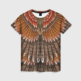 Женская футболка 3D с принтом оперение орел в Новосибирске, 100% полиэфир ( синтетическое хлопкоподобное полотно) | прямой крой, круглый вырез горловины, длина до линии бедер | друид | индеец | коричневый | красный | оперение | оранжевый | орёл | пернатый | перо | перья | природа | птица | сова | сон