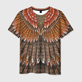 Мужская футболка 3D с принтом оперение орел в Новосибирске, 100% полиэфир | прямой крой, круглый вырез горловины, длина до линии бедер | друид | индеец | коричневый | красный | оперение | оранжевый | орёл | пернатый | перо | перья | природа | птица | сова | сон