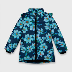 Зимняя куртка для девочек 3D с принтом Иксии не темно синем фоне в Новосибирске, ткань верха — 100% полиэстер; подклад — 100% полиэстер, утеплитель — 100% полиэстер. | длина ниже бедра, удлиненная спинка, воротник стойка и отстегивающийся капюшон. Есть боковые карманы с листочкой на кнопках, утяжки по низу изделия и внутренний карман на молнии. 

Предусмотрены светоотражающий принт на спинке, радужный светоотражающий элемент на пуллере молнии и на резинке для утяжки. | 8 марта | flowers | summer | ботаническая иллюстрация | весна | иксии | лето | любовь | праздник | принт | природа | растения | синий | цветы
