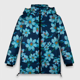 Женская зимняя куртка 3D с принтом Иксии не темно синем фоне в Новосибирске, верх — 100% полиэстер; подкладка — 100% полиэстер; утеплитель — 100% полиэстер | длина ниже бедра, силуэт Оверсайз. Есть воротник-стойка, отстегивающийся капюшон и ветрозащитная планка. 

Боковые карманы с листочкой на кнопках и внутренний карман на молнии | 8 марта | flowers | summer | ботаническая иллюстрация | весна | иксии | лето | любовь | праздник | принт | природа | растения | синий | цветы