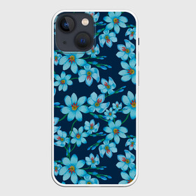 Чехол для iPhone 13 mini с принтом Иксии не темно синем фоне в Новосибирске,  |  | 8 марта | flowers | summer | ботаническая иллюстрация | весна | иксии | лето | любовь | праздник | принт | природа | растения | синий | цветы