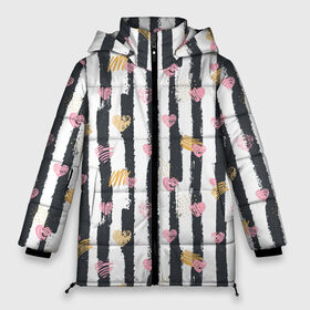 Женская зимняя куртка 3D с принтом Влюбленные сердца с полосками в Новосибирске, верх — 100% полиэстер; подкладка — 100% полиэстер; утеплитель — 100% полиэстер | длина ниже бедра, силуэт Оверсайз. Есть воротник-стойка, отстегивающийся капюшон и ветрозащитная планка. 

Боковые карманы с листочкой на кнопках и внутренний карман на молнии | Тематика изображения на принте: 14 февраля | heart | hearts | love | pattern | pink | stripe | stripes | valentine | valentines | арт | валентинка | валентинов день | день влюбленных | лав | лав ю | любовь | паттерн | роба | розовое | святой валентин | сердечки | сердце 