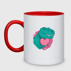 Кружка двухцветная с принтом Влюбленный динозавр T-Rex в Новосибирске, керамика | объем — 330 мл, диаметр — 80 мм. Цветная ручка и кайма сверху, в некоторых цветах — вся внутренняя часть | Тематика изображения на принте: 14 февраля | dinosaur | heart | hearts | love | pink | t rex | valentine | valentines | валентинка | валентинов день | день влюбленных | динозавр | лав | лав ю | любовь | розовое | святой валентин | сердечки | сердце | ти рекс