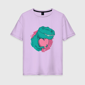 Женская футболка хлопок Oversize с принтом Влюбленный динозавр T-Rex в Новосибирске, 100% хлопок | свободный крой, круглый ворот, спущенный рукав, длина до линии бедер
 | 14 февраля | dinosaur | heart | hearts | love | pink | t rex | valentine | valentines | валентинка | валентинов день | день влюбленных | динозавр | лав | лав ю | любовь | розовое | святой валентин | сердечки | сердце | ти рекс