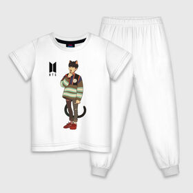 Детская пижама хлопок с принтом BTS Cat в Новосибирске, 100% хлопок |  брюки и футболка прямого кроя, без карманов, на брюках мягкая резинка на поясе и по низу штанин
 | Тематика изображения на принте: bts | k pop | kpop | rm | аниме | бтс | ви | джей хоуп | джонгук | кпоп | сюга | чимин | чин | япония
