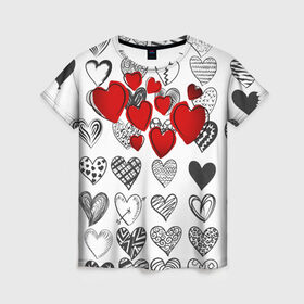 Женская футболка 3D с принтом Сердца в Новосибирске, 100% полиэфир ( синтетическое хлопкоподобное полотно) | прямой крой, круглый вырез горловины, длина до линии бедер | 14 февраля | hearts background | валентинов день | влюбленным | девушке | день святого валентина | жене | кардиологу | любимой | любимому | люблю | любовь | мужу | парню | сердца графика | сердца фон
