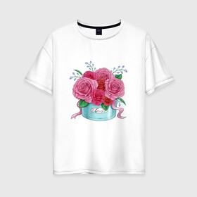 Женская футболка хлопок Oversize с принтом Букет Роз в Новосибирске, 100% хлопок | свободный крой, круглый ворот, спущенный рукав, длина до линии бедер
 | красный | розы | тюльпаны | цветы