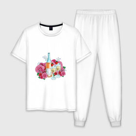 Мужская пижама хлопок с принтом Романтический пикник в Новосибирске, 100% хлопок | брюки и футболка прямого кроя, без карманов, на брюках мягкая резинка на поясе и по низу штанин
 | винишко | еда | красный | розы | романтика | тюльпаны | цветы